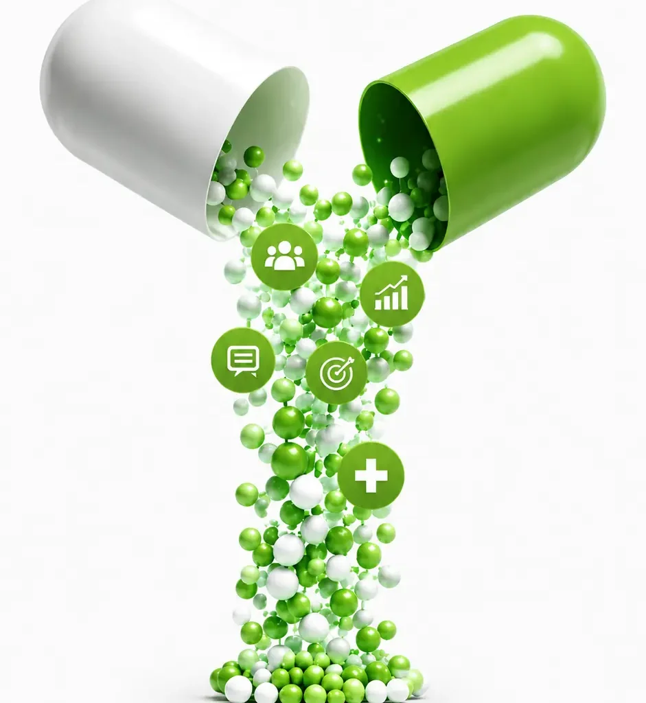 Open white and green capsule releasing social media icons, symbolizing digital growth and Pharma Digital Marketing Agency services.